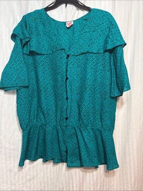 Teal Printed Ruffle-Trim Blouse - Down Side Up Vintage 80’s-90’s secretary wear
